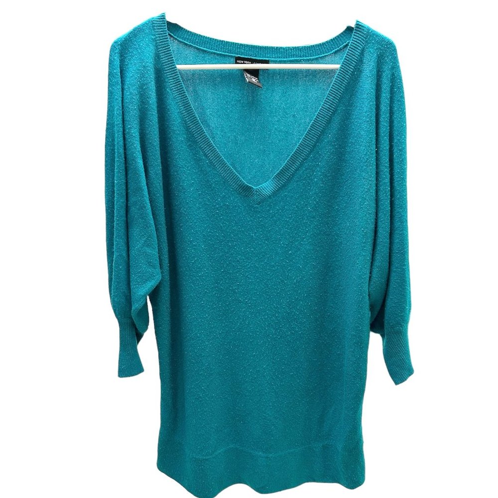 NEW YORK & COMPANY WOMEN GREEN TURQUOISE SWEATER SIZE M V-NECK PULLOVER ACRYLIC